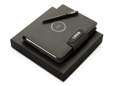 Подарочный набор «Twilight»: органайзер А5 с беспроводной зарядкой и металлическая шариковая ручка со светящимся логотипом, цвет: черный