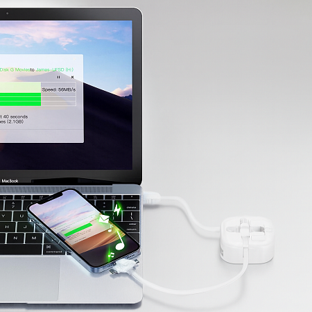Кабель зарядный выдвижной USB Wingle 3-в-1 на Lightning, Micro-USB, Type-C «U50» 2,4 A, Quick Charge с подставкой для телефона, квадратный, белый