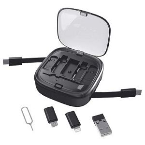 Кабель зарядный выдвижной USB Solid Link 5-в-1 на Lightning, Micro-USB, Type-C «U50» 2,4 A, C to C, Quick Charge с подставкой для телефона, квадратный, черный