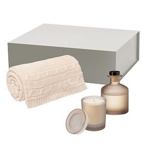 Подарочный набор Мизу (Mizu), Фадо (Fado), бежевый (свеча, диффузор, плед)