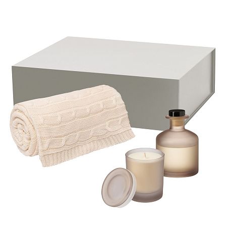 Подарочный набор Мизу (Mizu), Фадо (Fado), бежевый (свеча, диффузор, плед)