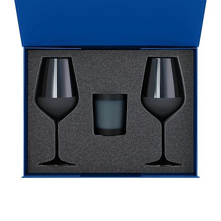 Подарочный набор свеча Энигма (Enigma) + 2 бокала для вина Сапфир (Sapphire) в синей коробке