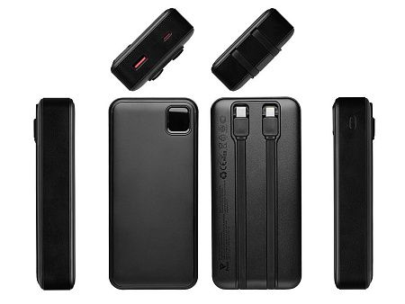 Внешний аккумулятор со встроенными кабелями «Фрэйм Про», быстрая зарядка, 20000мач