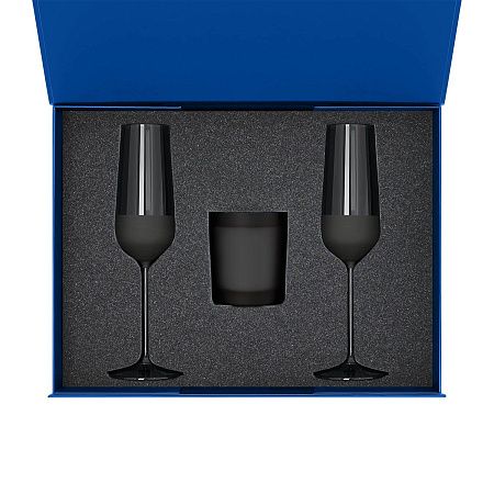 Подарочный набор свеча Энигма (Enigma) + 2 бокала для шампанского Блэк Эдишн (Black Edition) в синей коробке