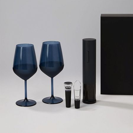 Подарочный набор 2 бокала для вина Сапфир (Sapphire) + набор для вина с электрическим штопором Сакраменто (Sacramento), в черной коробке