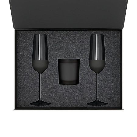 Подарочный набор свеча Энигма (Enigma) + 2 бокала для шампанского Блэк Эдишн (Black Edition) в черной коробке