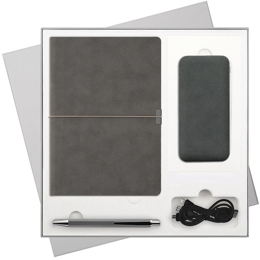 Подарочный набор Ин Велюр (In Velour), серый (ежедневник, ручка, аккумулятор)