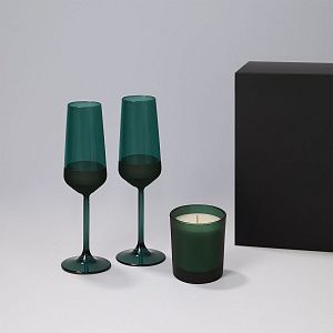 Подарочный набор свеча Энигма (Enigma) + 2 бокала для шампанского Эмеральд (Emerald) в черной коробке