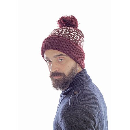 Шапка вязаная  с снежинками и помпоном "FLAKE"_бордо, 100% акрил 