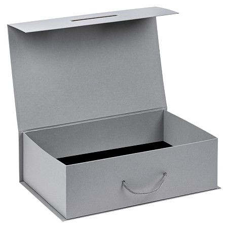 Подарочная коробка, размер 39*26,3*11 см, Solution Prestige Big Case Linen с магнитным клапаном и ручкой , с EVA ложементом 36,8*25,1*4 см под индивидуальную вырубку, серебристая
