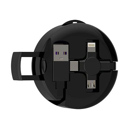 Кабель зарядный выдвижной USB Wingle  3-в-1 на Lightning, Micro-USB, Type-C «U50»  2,4 A, Quick Charge с подставкой для телефона, черный