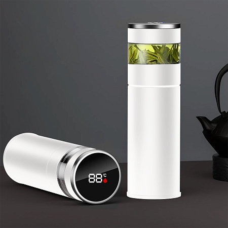 Термос стальной Gulfstream двухстеночный с вакуумной изоляцией 450 мл, крышка с дисплеем, белый, матовый