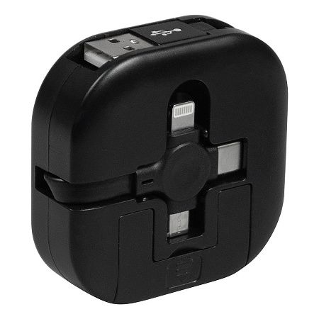 Кабель зарядный выдвижной USB Wingle 3-в-1 на Lightning, Micro-USB, Type-C «U50» 2,4 A, Quick Charge с подставкой для телефона, квадратный, черный