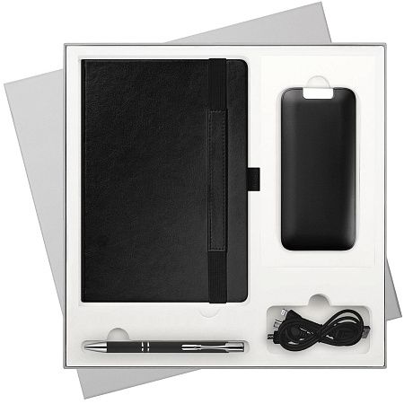 Подарочный набор Гэлакси (Galaxy), черный (ежедневник, ручка, аккумулятор)