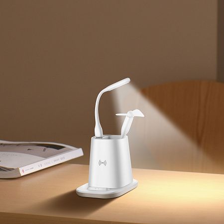 Настольный органайзер "15 Watt Fast Charge"  c беспроводной зарядкой, вентилятором и лампой, белый