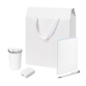 Подарочный набор Велком Пак (Welcome Pack), белый (термокружка, ежедневник, ручка, ЗУ, коробка-пакет)