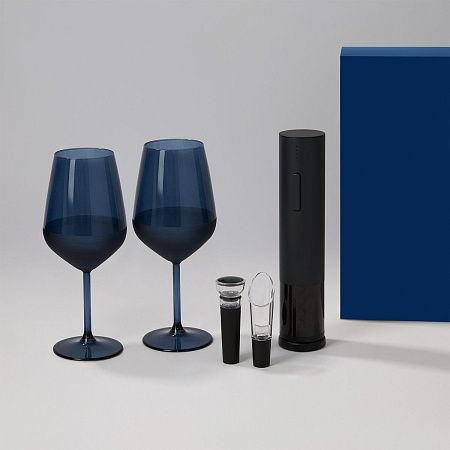 Подарочный набор 2 бокала для вина Сапфир (Sapphire) + набор для вина с электрическим штопором Сакраменто (Sacramento), в синей коробке