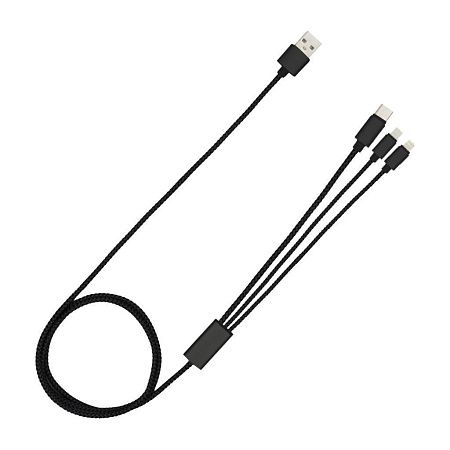Кабель зарядный выдвижной USB OmniCore 60W 3-в-1 на Lightning, Micro-USB, Type-C «U50» 2,4 A, Quick Charge в пластиковом футляре, черный