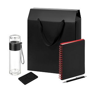Подарочный набор Велком Пак Спарк (Welcome Pack Spark), черный/красный (бутылка, ежедневник, ручка, ЗУ, коробка-пакет)