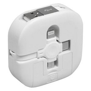 Кабель зарядный выдвижной USB Wingle 3-в-1 на Lightning, Micro-USB, Type-C «U50» 2,4 A, Quick Charge с подставкой для телефона, квадратный, белый