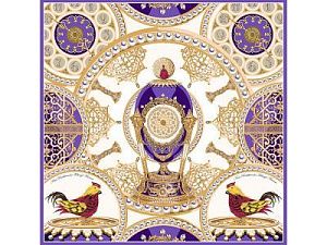 Платок «Пасхальное яйцо-часы Петушок», цвет: бежевый, фиолетовый, золотой, многоцветный