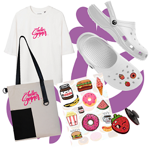 Подарочный набор «Оверсайз»: футболка, сабо (кроксы), джиббитсы 3 шт., стикерпак, шоппер