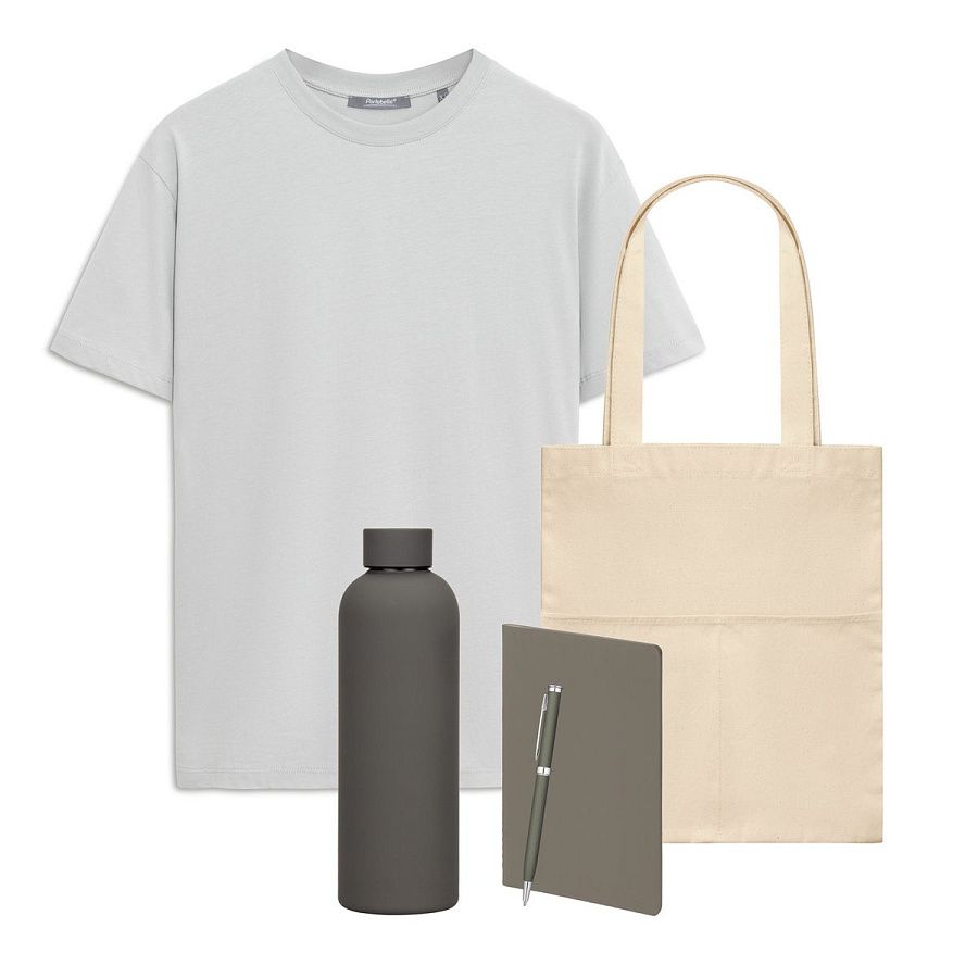 Набор с одеждой Крис (Kris) (футболка, термобутылка, ежедневник, ручка, шоппер), серый, XL
