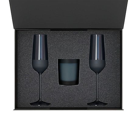 Подарочный набор свеча Энигма (Enigma) + 2 бокала для шампанского Сапфир (Sapphire) в черной коробке