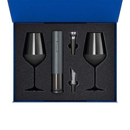 Подарочный набор 2 бокала для вина Блэк Эдишн (Black Edition) + набор для вина Сакраменто (Sacramento) в синей коробке