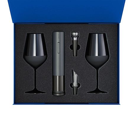 Подарочный набор 2 бокала для вина Сапфир (Sapphire) + набор для вина с электрическим штопором Сакраменто (Sacramento), в синей коробке