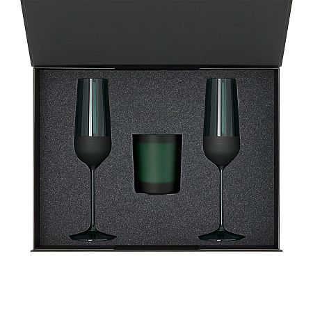 Подарочный набор свеча Энигма (Enigma) + 2 бокала для шампанского Эмеральд (Emerald) в синей коробке