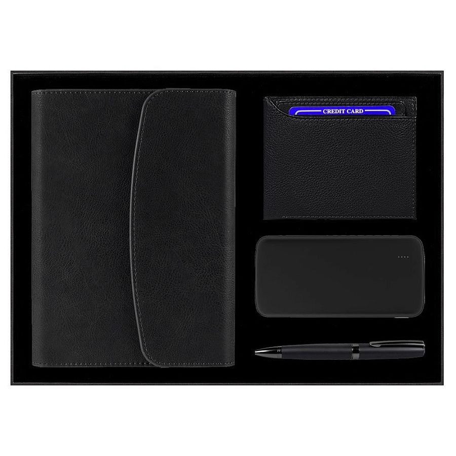 Набор подарочный Solution Prestige Quadro (ежедневник, кошелёк, внешний аккумулятор, ручка), чёрный