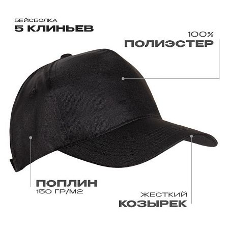 Бейсболка STAN 5 клиньев полиэстер 150, 10P, Чёрный,  (20)  (56-58/ONE SIZE)