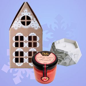 Подарочный набор «Домик в деревне»: бетонный подсвечник, свеча, мед-суфле